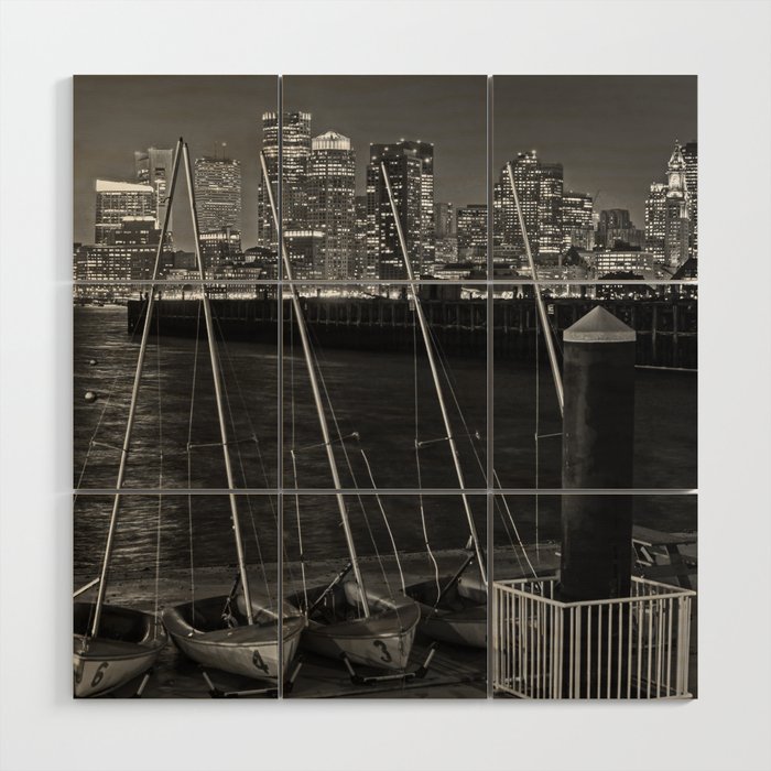 The Boston Skyline from East Boston Piers Park Black and White Wood Wall Art