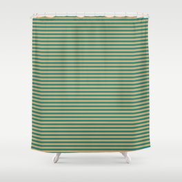 [ Thumbnail: Brown & Dark Cyan Colored Lined Pattern Shower Curtain ]