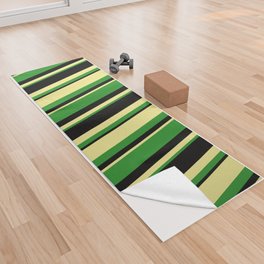 [ Thumbnail: Black, Forest Green, and Tan Colored Stripes Pattern Yoga Towel ]