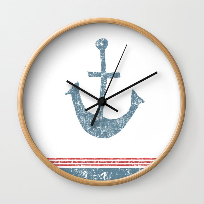 Maritime Design- Nautic Anchor on stripes in blue and red Wall Clock