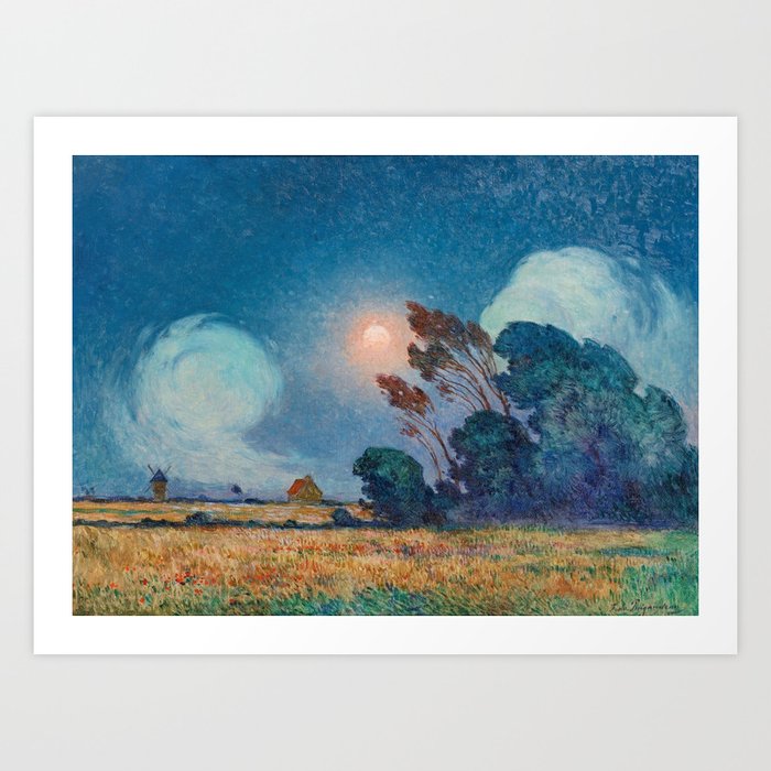 Gust of Wind in the Sun with Windmill and Fields of Red Poppy landscape painting by Ferdinand Loyen du Puigaudeau  Art Print