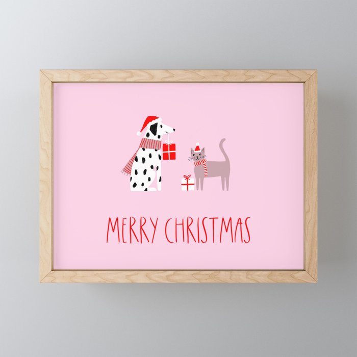 Merry Christmas / dog and cat greeting card Framed Mini Art Print