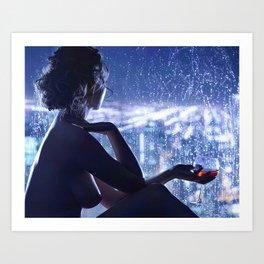 Sensuality Rainy Window Silhouette Wine, Beautiful Breasts and Topless Erotic Art Print