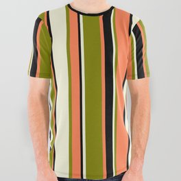 [ Thumbnail: Beige, Green, Coral & Black Colored Stripes Pattern All Over Graphic Tee ]