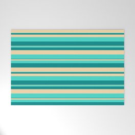 [ Thumbnail: Dark Cyan, Tan & Turquoise Colored Pattern of Stripes Welcome Mat ]