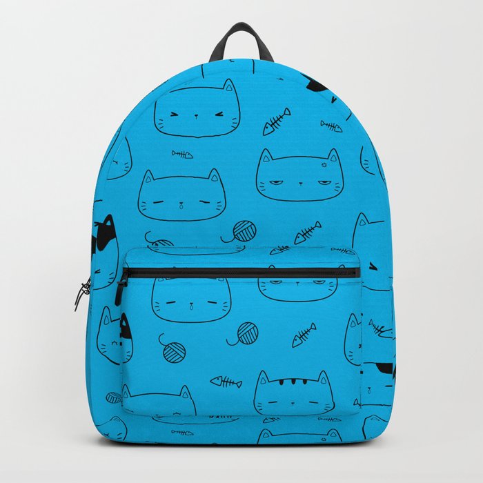 Turquoise and Black Doodle Kitten Faces Pattern Backpack
