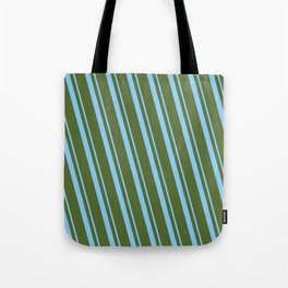 [ Thumbnail: Light Sky Blue and Dark Olive Green Colored Lined/Striped Pattern Tote Bag ]