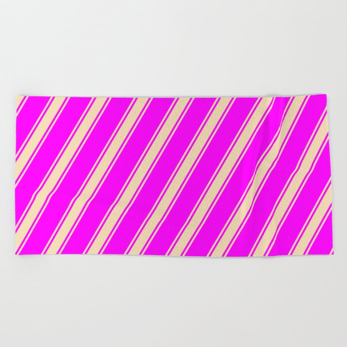 Fuchsia and Tan Colored Lined Pattern Beach Towel