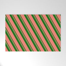 [ Thumbnail: Forest Green, Dark Green & Salmon Colored Stripes Pattern Welcome Mat ]
