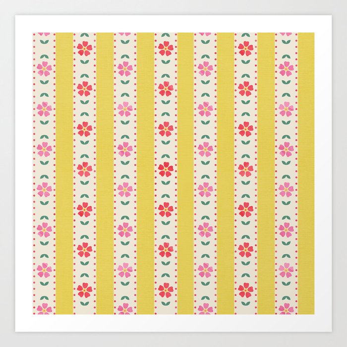 Granny Style Vintage Florals On Yellow Stripes Art Print