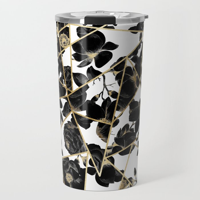 Geometric Abstract Black Floral Gold Triangles Travel Mug