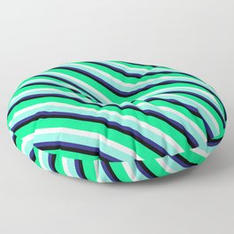 [ Thumbnail: Eyecatching Green, White, Aquamarine, Midnight Blue & Black Colored Stripes Pattern Floor Pillow ]