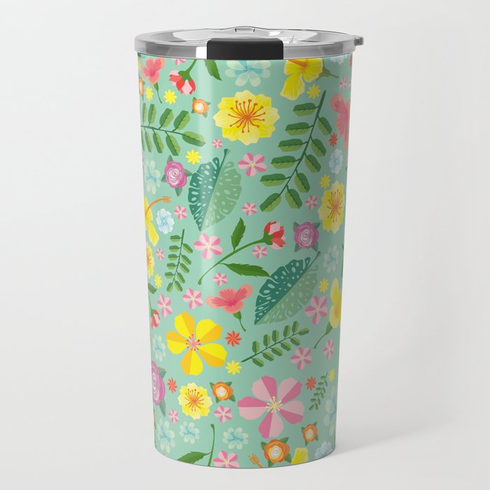 Colorful yellow pink green tropical floral pattern Travel Mug