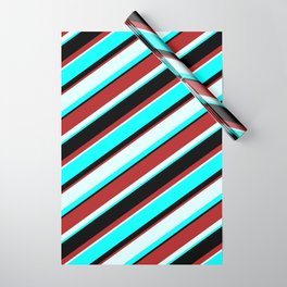 [ Thumbnail: Red, Light Cyan, Cyan, and Black Colored Striped Pattern Wrapping Paper ]
