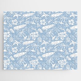 Pale Blue and White Surfing Summer Beach Objects Seamless Pattern Jigsaw Puzzle