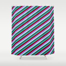 [ Thumbnail: Eyecatching Orchid, Turquoise, Dark Slate Gray, Light Sea Green & Maroon Colored Stripes Pattern Shower Curtain ]