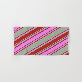 [ Thumbnail: Dark Sea Green, Red, and Violet Colored Stripes Pattern Hand & Bath Towel ]