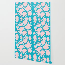 Pastel Pink and Blue Turquoise Abstract Flowers Inspired by Matisse Wallpaper
