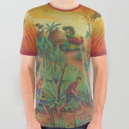 Village painting from Africa of Villagers All Over Graphic Tee
