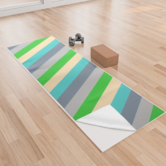 Eyecatching Grey, Light Slate Gray, Turquoise, Beige & Lime Green Colored Stripes/Lines Pattern Yoga Towel