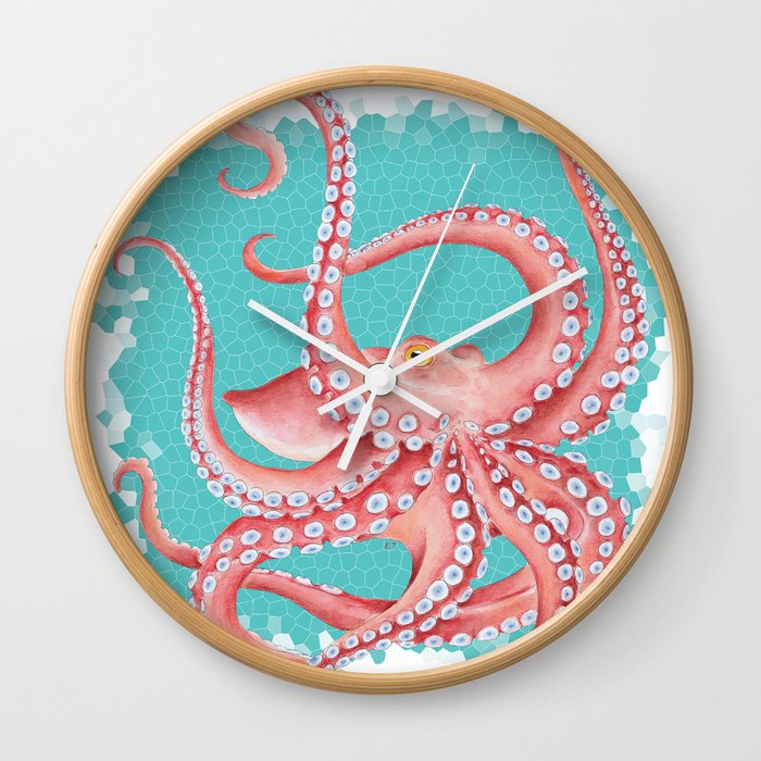Red Octopus Teal Watercolor Stained Glass Wall Clock