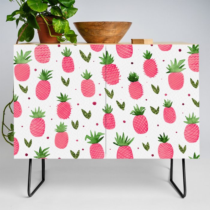Watercolor pineapples - pink and green glitter Credenza