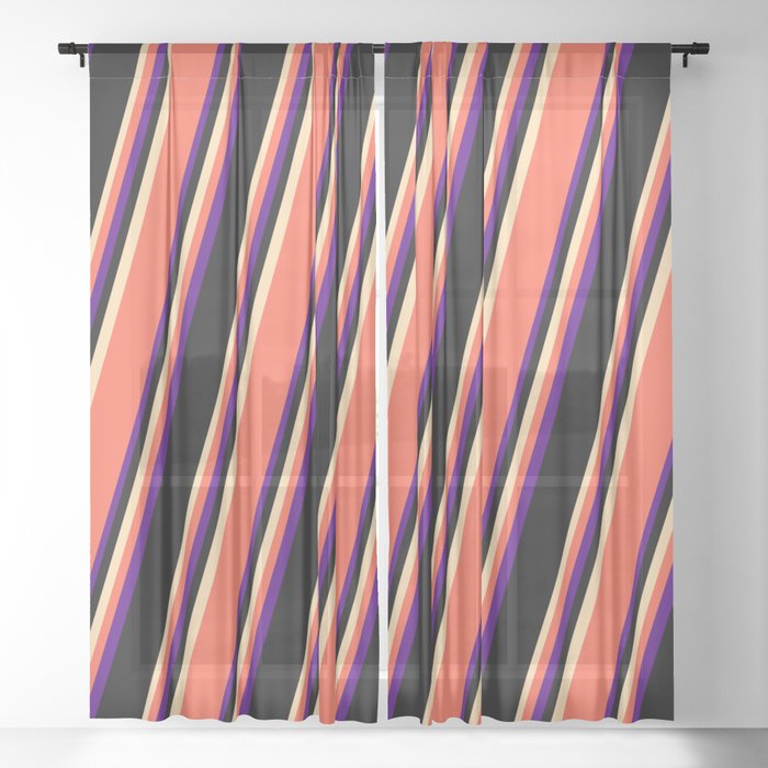 Tan, Red, Indigo, and Black Colored Striped/Lined Pattern Sheer Curtain