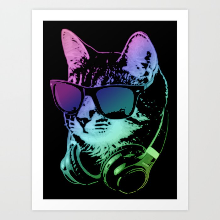 Dj Cat In Neon Lights Art Print
