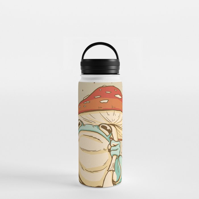 Frog Under Mushroom Umbrella Cottagecore Water Bottle by Funny Life Designs
