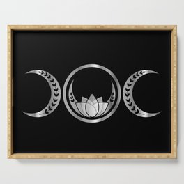 Silver triple moon fertility symbol with moons lotus and vines Serving Tray