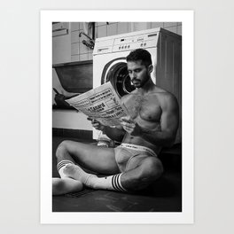 Sexy masculine hairy guy with fine abs, hot male model, handsome man Art Print