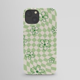 Green Checker Swirl With Flowers iPhone Case
