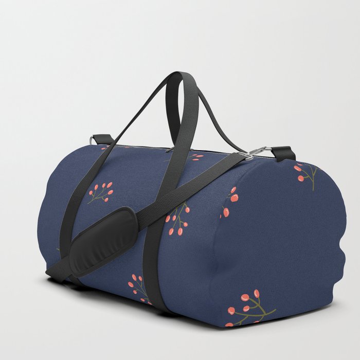 Branches With Red Berries Seamless Pattern on Navy Blue Background Duffle Bag