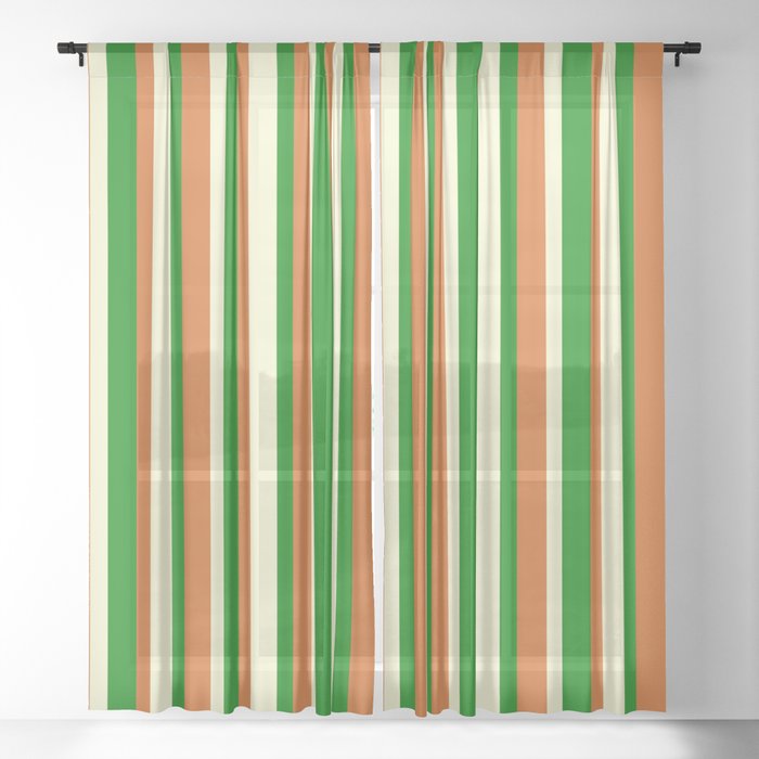 Green, Chocolate, and Light Yellow Colored Striped Pattern Sheer Curtain