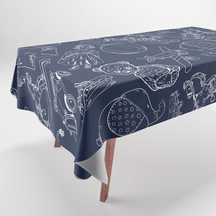 Navy Blue and White Toys Outline Pattern Tablecloth