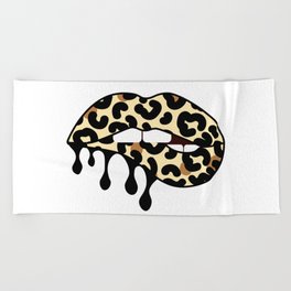 Leopard melting lips. Fashion art print Beach Towel