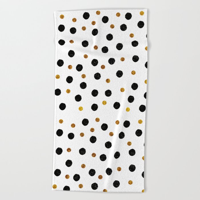 Black & Gold Glitter Confetti on white background- Elegant pattern Beach Towel