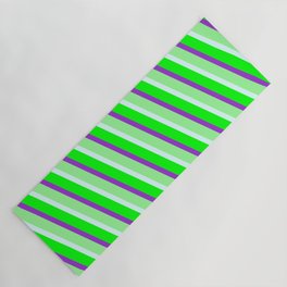 [ Thumbnail: Dark Orchid, Green, Light Cyan & Lime Colored Lined Pattern Yoga Mat ]