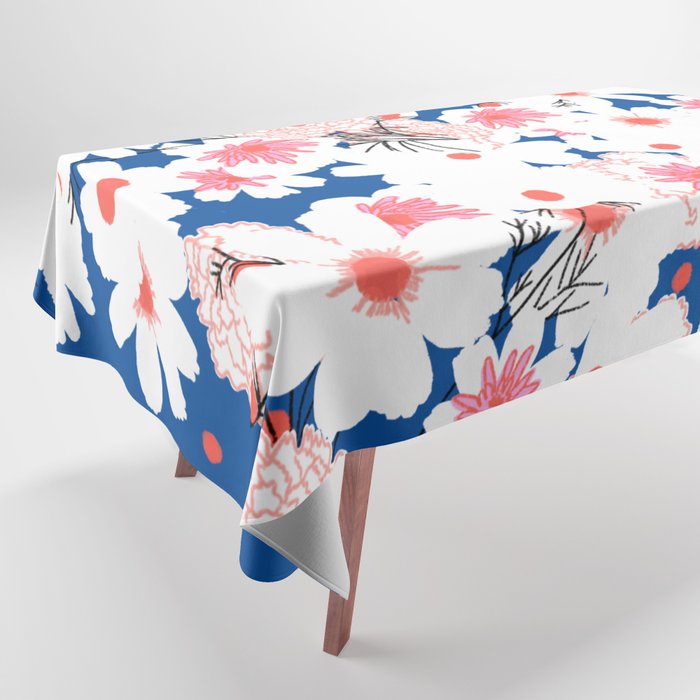 Modern Spring Flowers Navy Blue and Pink Tablecloth
