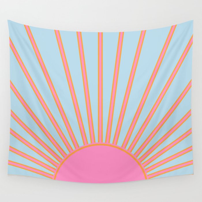 Le Soleil | 02 - Abstract Retro Sun Pink And Blue Print Preppy Modern Sunshine Wall Tapestry