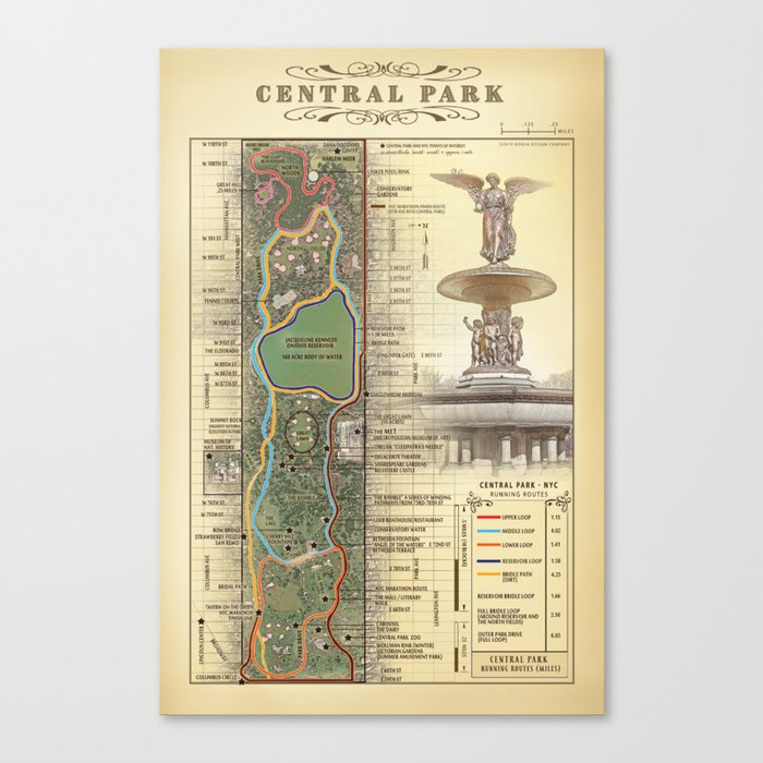 Central Park [Bethesda Fountain] Vintage Inspired running route map Canvas Print