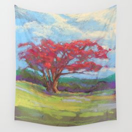 Flamboyant Tree Wall Tapestry | Tree, Red, Green, Digital, Grass, Clouds, Blue, Sky, Print, Pastel 