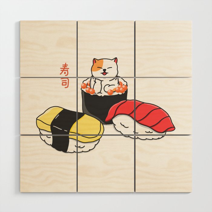 Happy Cat Sushi Wood Wall Art