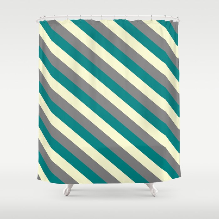 Light Yellow, Gray & Teal Colored Lined/Striped Pattern Shower Curtain