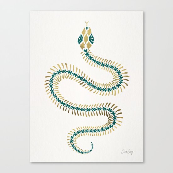 Snake Skeleton – Emerald & Gold Canvas Print
