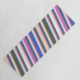 [ Thumbnail: Orchid, Dark Olive Green, Royal Blue, Mint Cream, and Tan Colored Stripes Pattern Yoga Mat ]