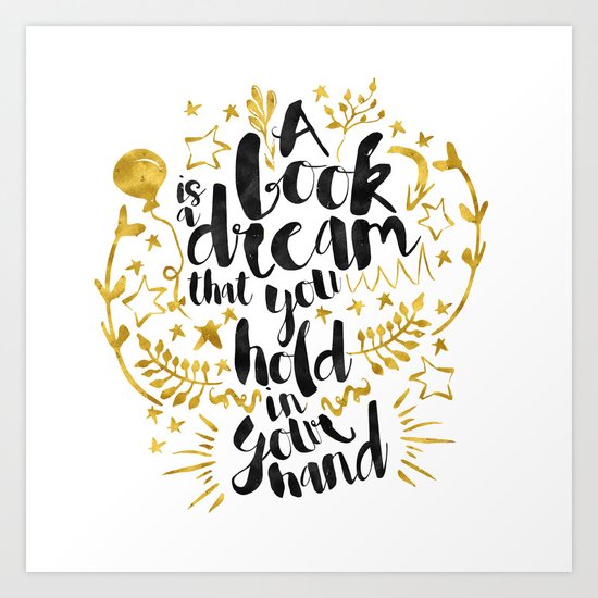 A Book is a Dream gold foil black ink Art Print