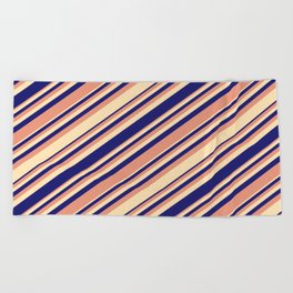 [ Thumbnail: Dark Salmon, Beige, and Midnight Blue Colored Pattern of Stripes Beach Towel ]