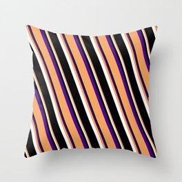 [ Thumbnail: Indigo, Brown, White & Black Colored Striped Pattern Throw Pillow ]
