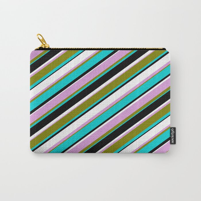 Colorful Plum, Green, Dark Turquoise, Black, and White Colored Lined/Striped Pattern Carry-All Pouch